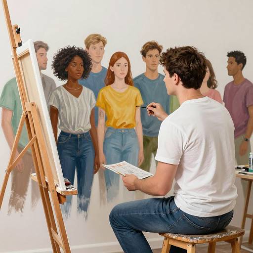 Artist in white shirt paints diverse group of models in casual clothes, reflected on easel in well-lit studio.