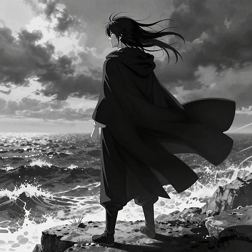 Windswept Anime Character by Stormy Sea