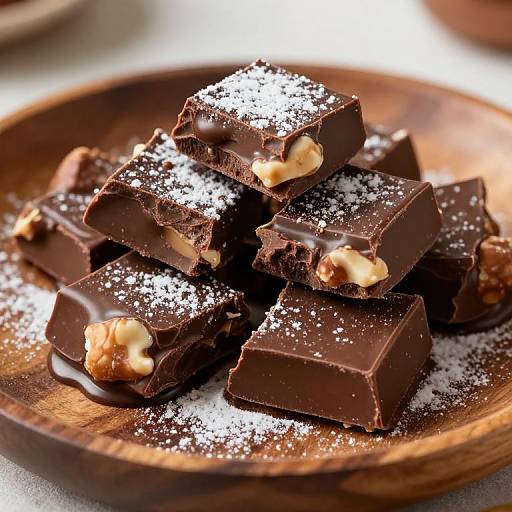 Photograph of dark chocolate squares with walnut pieces, dusted with powdered sugar, stacked on a wooden plate. Rich, glossy texture.
