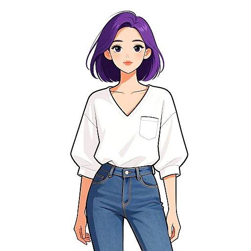 Digital anime-style drawing of a purple-haired woman with fair skin, wearing a white V-neck shirt and blue jeans, standing against a white background.
