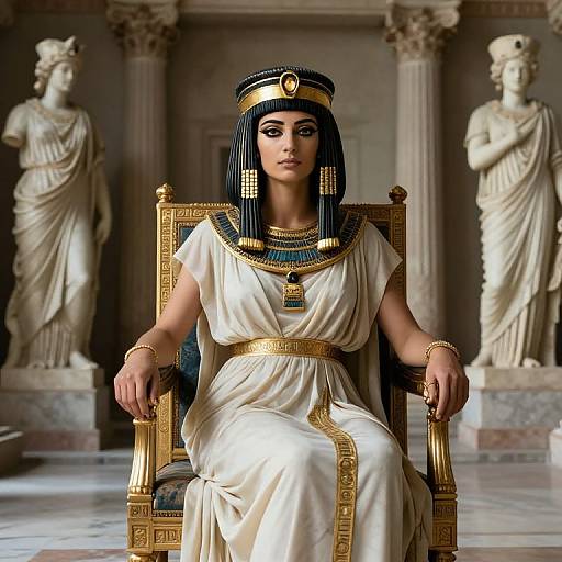 Digital artwork of an Egyptian queen with dark hair in a black and gold headdress, wearing a white gown with gold trim, seated on a golden throne