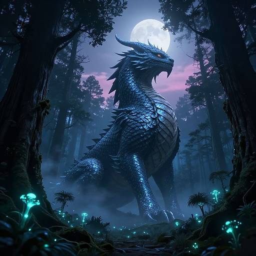 Digital fantasy artwork of a glowing blue dragon with sharp scales, standing in a misty, dark forest under a full moon.