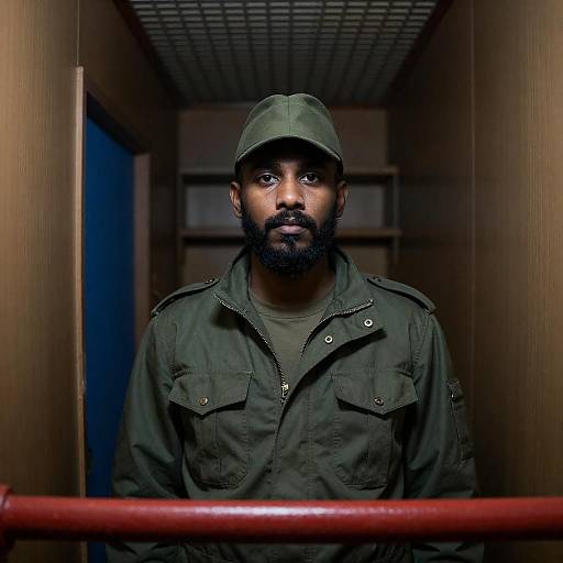 Man in Green Military Jacket in Narrow Corridor