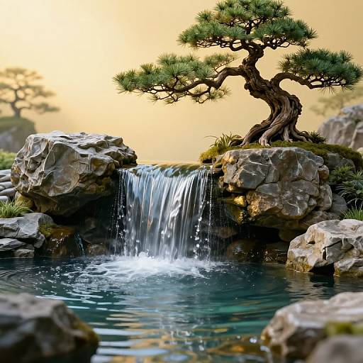 Photorealistic digital artwork of a serene waterfall cascading over rocky terrain, with a twisted pine tree and calm blue water.