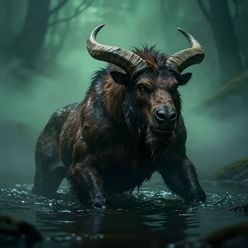 Photorealistic CGI of a massive, dark-furred bison with large, curved horns wading through a misty, green-tinted forest