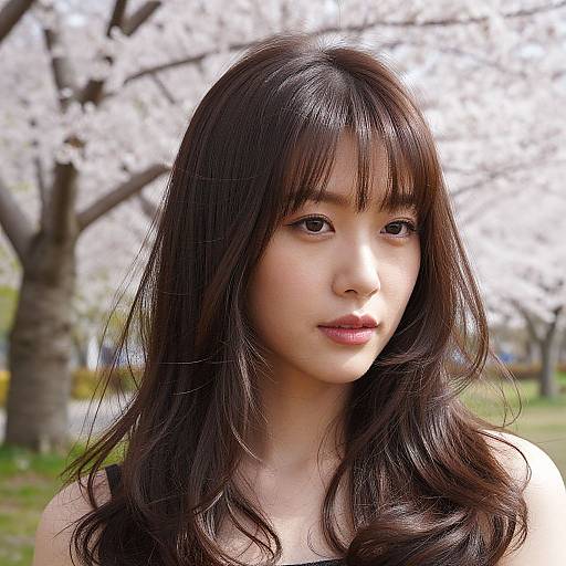 Photograph of an Asian woman with long, wavy black hair, fair skin, and subtle makeup, standing in a cherry blossom-filled park.