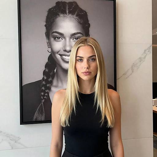 Blonde Woman in Front of Grayscale Portrait