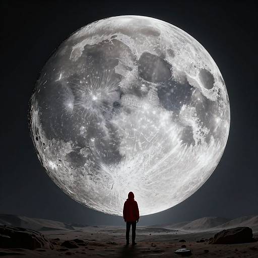 Silhouetted person in red coat stands before enormous, luminous, detailed full moon in dark, starless sky over barren landscape. Digital art