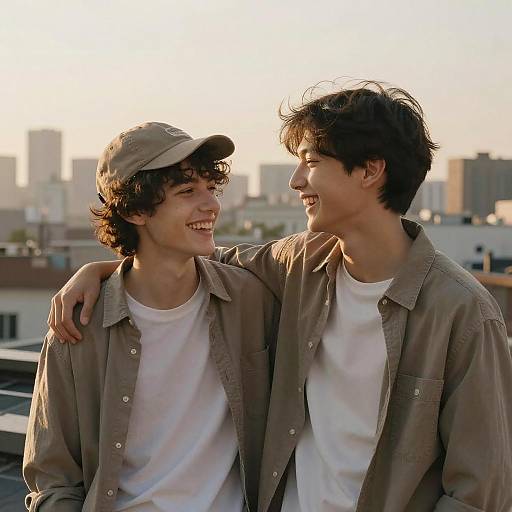 Photograph of two smiling Asian men with curly and straight dark hair, wearing beige caps and shirts, standing on a rooftop at sunset, with a city