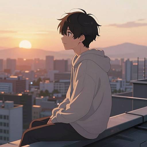 Anime Boy on Rooftop at Sunset