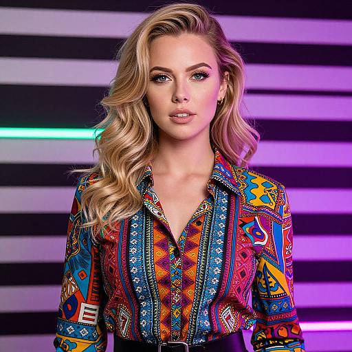 Photograph of a blonde woman with wavy hair, wearing a vibrant, patterned blouse, standing against a striped background with purple and green lights.