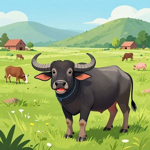Happy Indian Water Buffalo in Fields