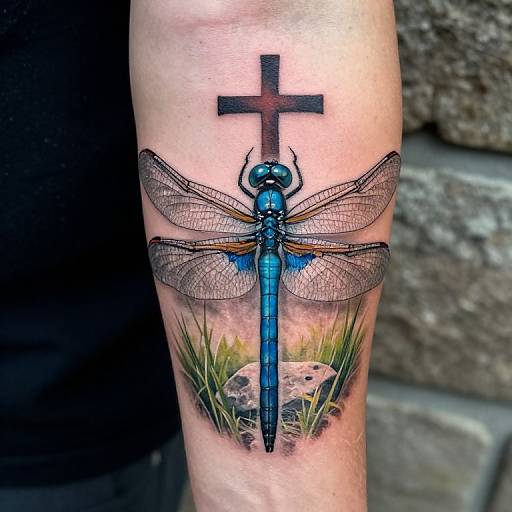Vivid tattoo of a blue dragonfly with transparent wings, black cross above, and grassy background with rocks on a forearm.