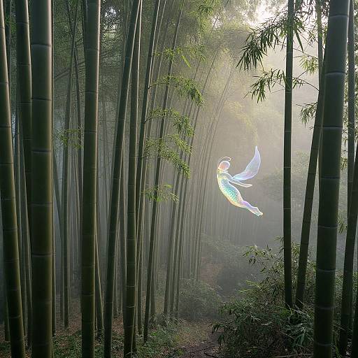 Photograph of a misty bamboo forest with tall, slender bamboo stalks, illuminated by soft sunlight. A glowing white, abstract bird-shaped light floats