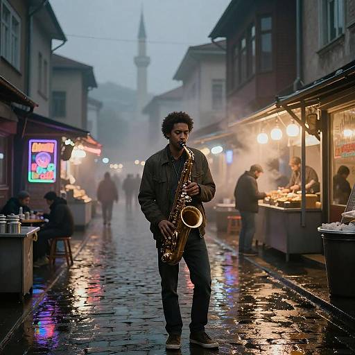 Jazz Saxophonist Playing on Wet Sarajevo Street