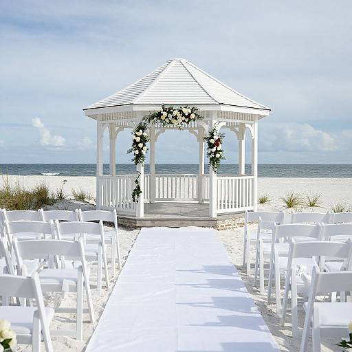 White beach wedding gazebo with floral arch, surrounded by white chairs and aisle, overlooking the ocean under a bright blue sky.