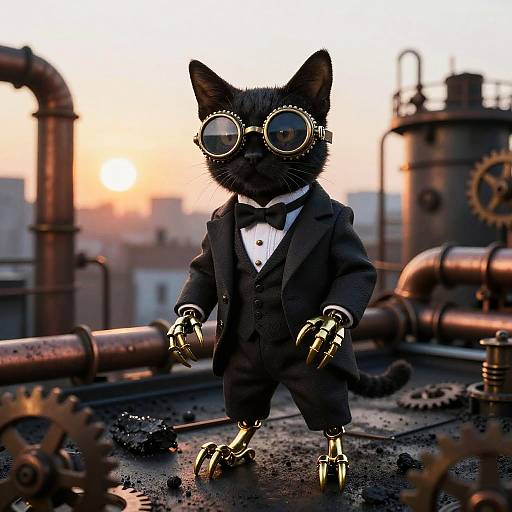 Photograph of a black cat in a steampunk outfit with gold claws, goggles, and a bow tie, standing on a rusty industrial rooftop at
