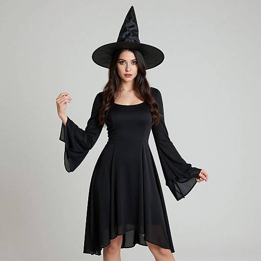 Photograph of a pale-skinned woman with long black hair, wearing a black witch hat and long-sleeve, black, A-line dress,