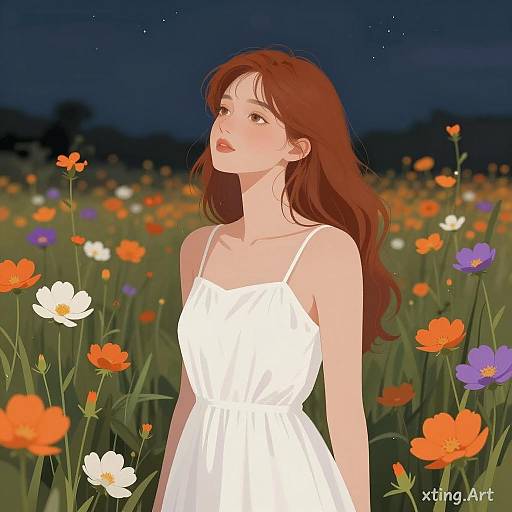Young Woman in Flower Field at Night