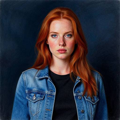 Photograph of a fair-skinned, red-haired woman with blue eyes, wearing a blue denim jacket over a black top, against a dark background.