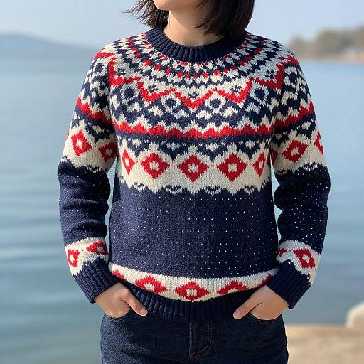 Photograph of a person with shoulder-length black hair wearing a navy knit sweater with red and white geometric patterns, standing by a calm lake. Hands in