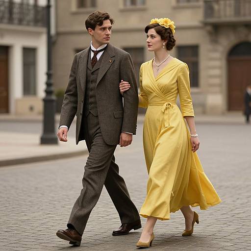 Photograph of a stylish couple walking on a cobblestone street; he in a brown three-piece suit, she in a yellow dress and hat.