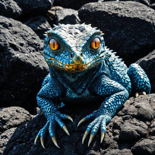 Fantasy Blue Reptilian Creature on Volcanic Rocks