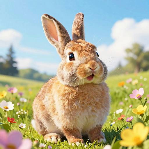 Photograph of a fluffy, light brown rabbit with erect ears, sitting in a vibrant, sunny meadow filled with colorful flowers.