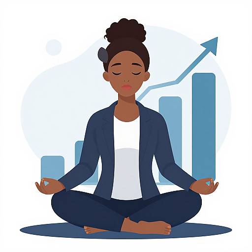 Digital illustration of a dark-skinned woman with a bun, wearing a navy blazer and white shirt, meditating cross-legged with closed eyes, against