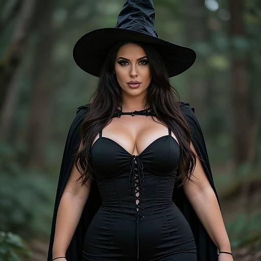 Photograph of a sexy, dark-haired witch in a black corset, cape, and wide-brimmed hat, standing in a forest. She