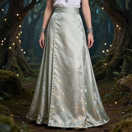 Photograph of a woman in a shimmering silver satin skirt with delicate floral patterns, standing in a dark, enchanted forest lit by fairy lights.