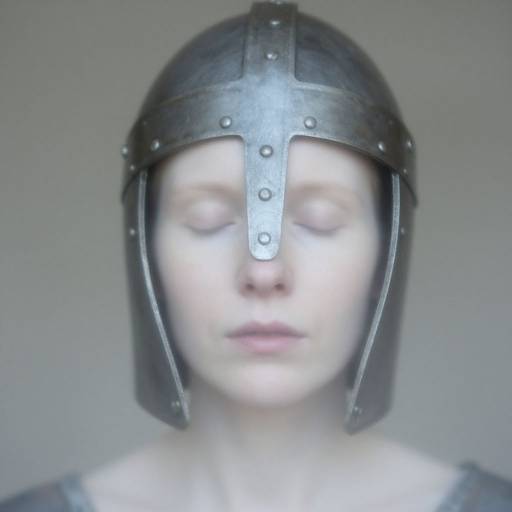 Photograph of a pale-faced person with closed eyes, wearing a dark, medieval-style metal helmet, against a plain gray background.
