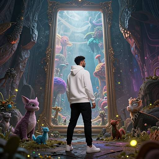 Digital art: A black man in a white hoodie and black pants stands before a glowing, ornate frame revealing colorful, fantastical creatures in a mystical