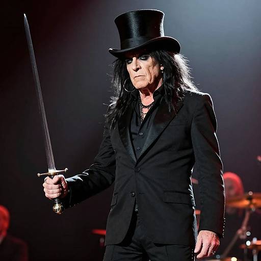 Photograph of an elderly man with long black hair, top hat, black suit, and black shirt, holding a sword on stage.