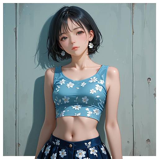 Young Woman in Blue Floral Outfit