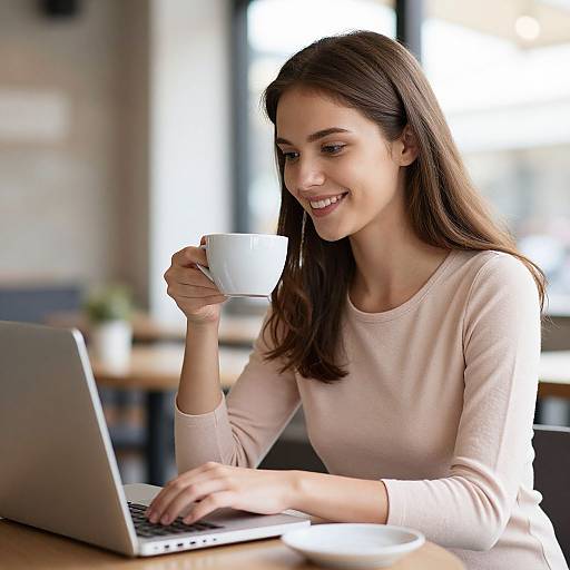 Photograph of a smiling young woman with long brown hair, wearing a light pink long-sleeve shirt, sipping from a white cup while typing