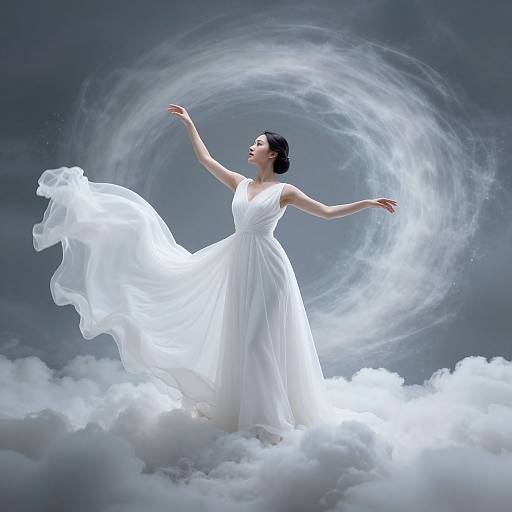 Photograph of a woman in a flowing white dress, standing on clouds, with ethereal smoke swirling around her, arms raised gracefully.