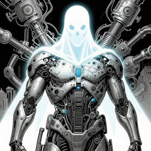 Digital drawing of a robotic humanoid with glowing blue chest, intricate mechanical arms, and cityscape background, in a sci-fi style.
