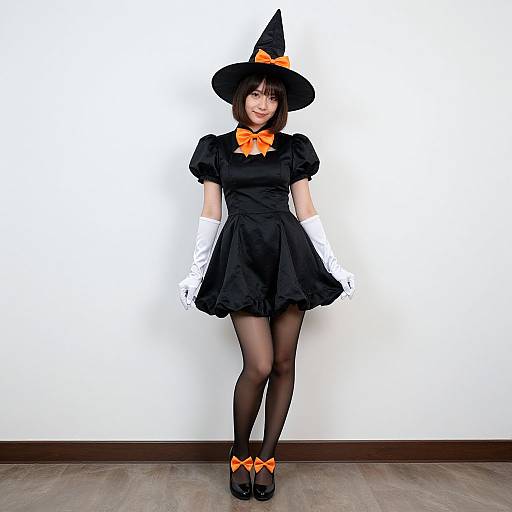 Photograph of an Asian woman in a black witch costume with orange bow, white gloves, black hat, short dress, and black shoes, standing against