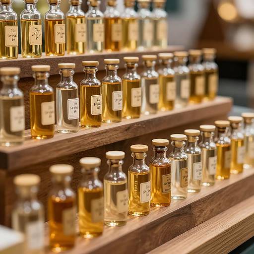 Photograph of numerous small glass bottles with golden liquid and white labels, arranged on wooden shelves, creating a warm, inviting display.