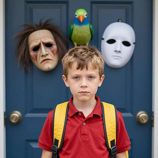 Young Boy with Masks and Blue Door