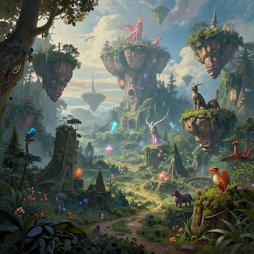 Fantastical digital painting of a lush, magical forest with floating rock islands, colorful creatures, and vibrant foliage under a bright sky.