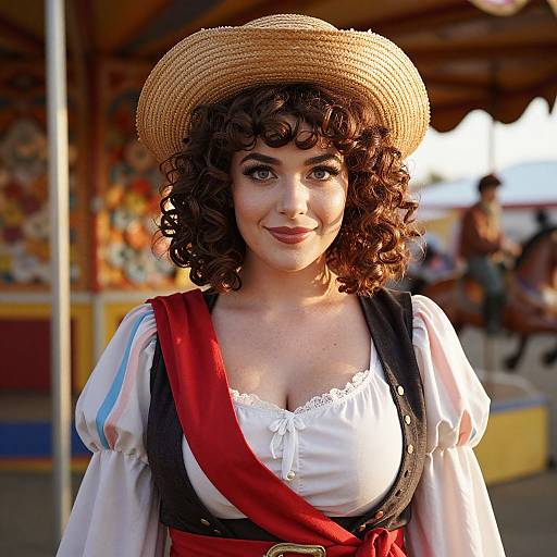 Photograph of a curly-haired woman with fair skin, wearing a straw hat, white blouse with lace trim, black corset, and red sash