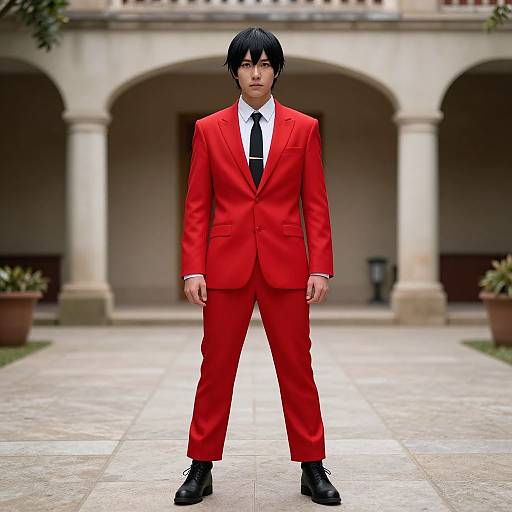 Photograph of an Asian man with black hair, wearing a bright red suit, white shirt, black tie, and black shoes, standing in a stone