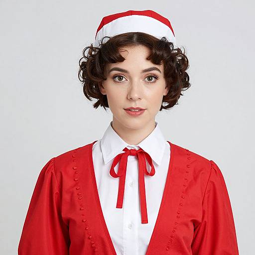 Photograph of a fair-skinned woman with short, curly brown hair wearing a white and red nurse's uniform, white hat, and red ribbon tie