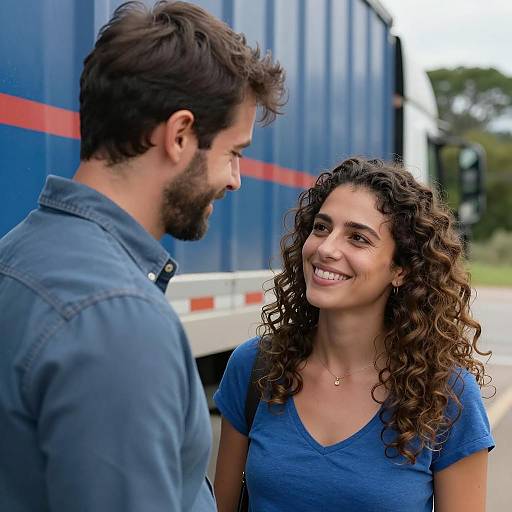 Couple Smiling by a Blue Truck