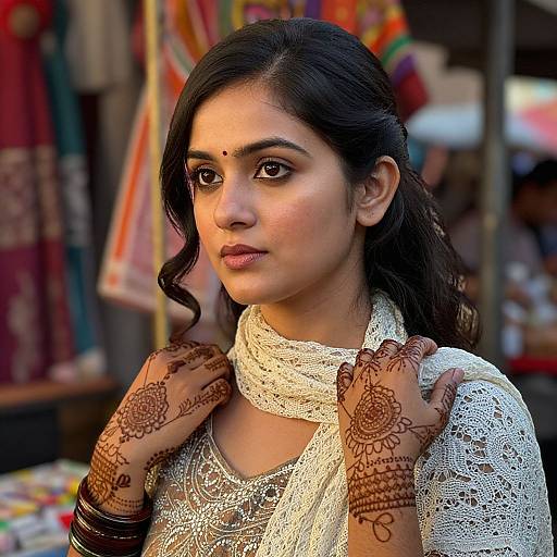 Photograph of a young South Asian woman with dark hair, wearing a white lace top, henna-adorned hands, and a white scarf,