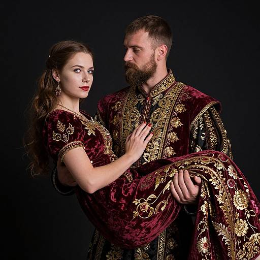 Photograph of a couple in ornate, embroidered maroon velvet Renaissance-style clothing, with the woman being gently lifted by the bearded man against a
