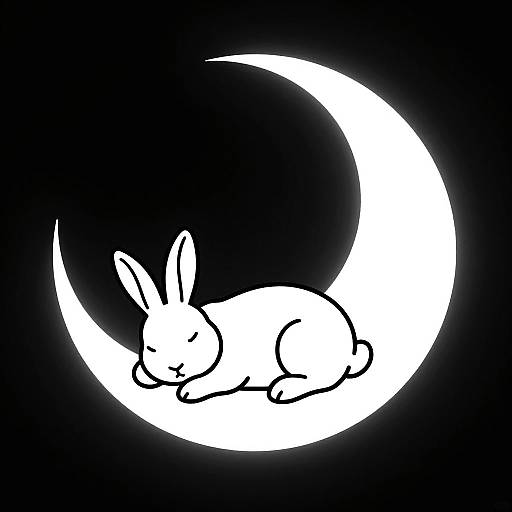 Black and white digital drawing of a sleeping rabbit nestled inside a crescent moon on a solid black background.