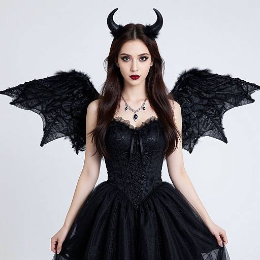 Photograph of pale-skinned woman with long black hair, red lipstick, black lace dress, black feathered wings, and black horned headpiece